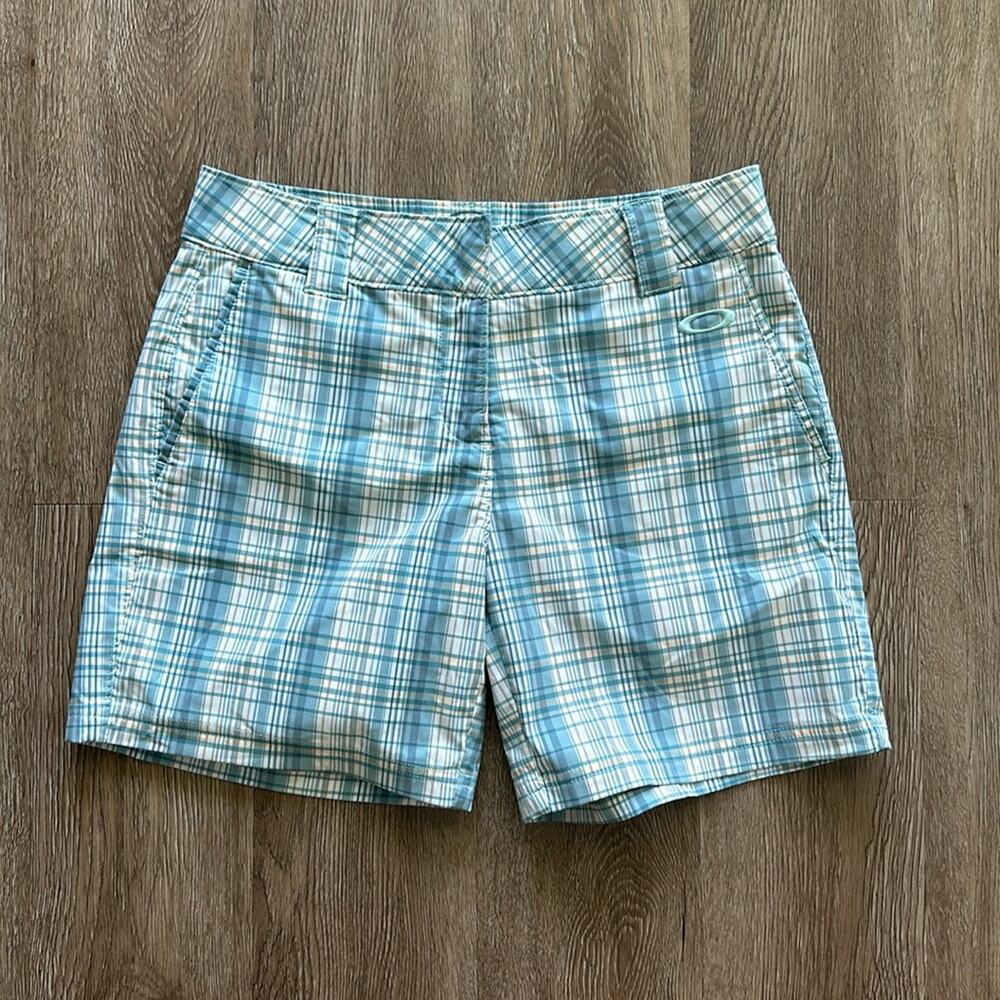 Oakley Back Nine Golf Shorts Teal Orange &‎ White Plaid Size 4